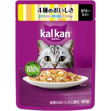 ＫＰ１２６カルカン　パウチ　４種のおいしさ　マグロ　タイ　カニカマ　ササミ入　６０ｇ