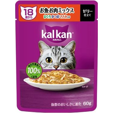 ＫＰ１５３カルカン　パウチ　１８歳　お魚お肉ミックス　マグロ　カツオ　ササミ　６０ｇ