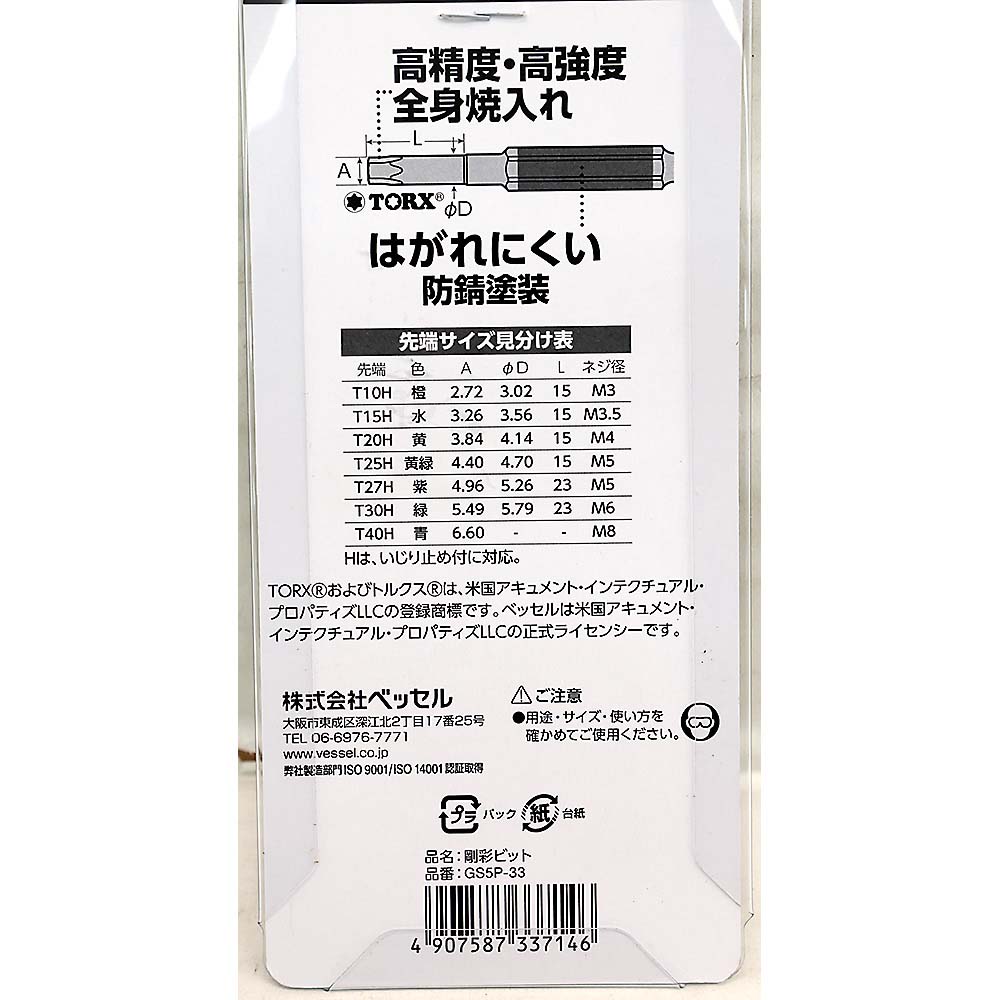 ベッセル 片頭トルクス 剛彩ビット5本組(アソート) GS5P-33