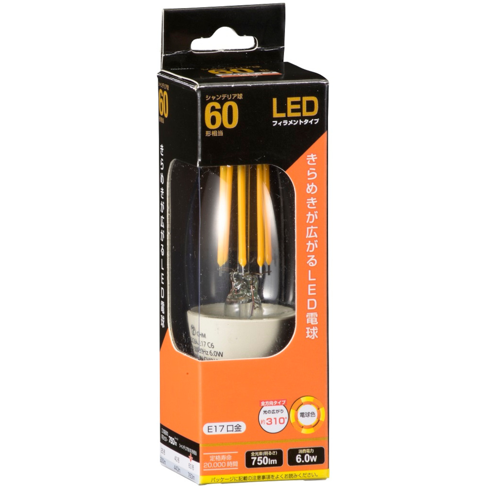 LED電球フィラメントシャンデリア球60形E17電球色　LDC6L-E17 C6