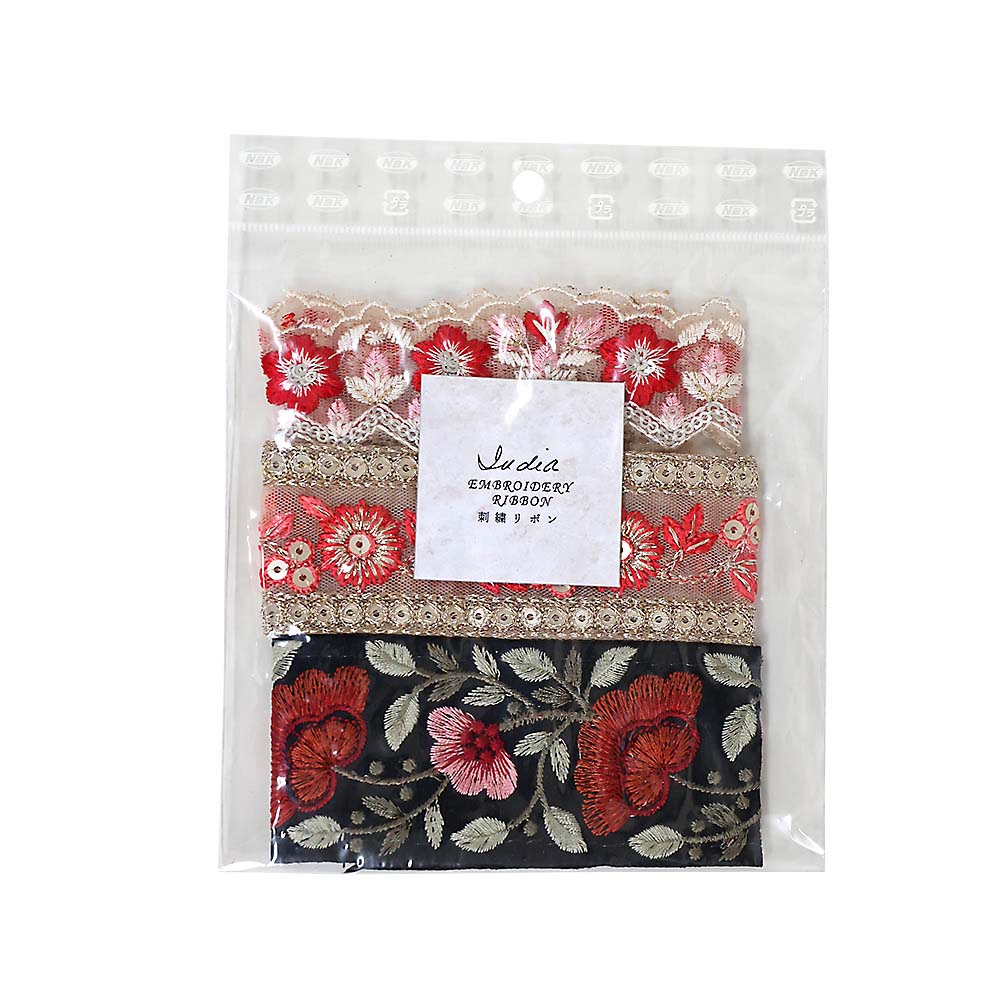 インド刺繍リボン　約３０㎝３本　　レッド　Ｊ－ＫＦ－ＲＭＩＸ－２７