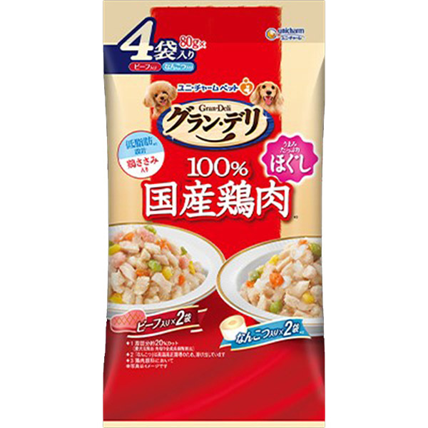 グラン･デリ鶏ささみパウチほぐし成犬ビーフ･なんこつ　80g×4