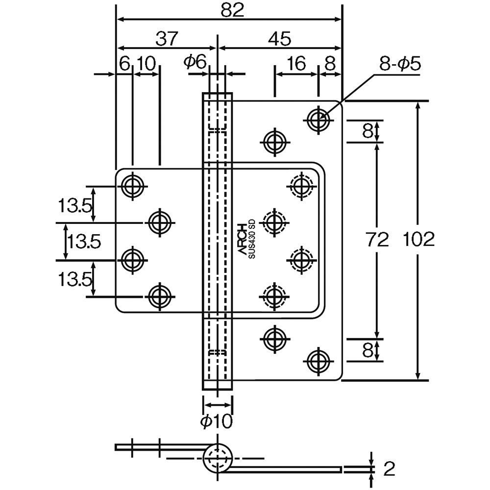 ステンレスフラッシュ丁番DX 金メッキ　102mm