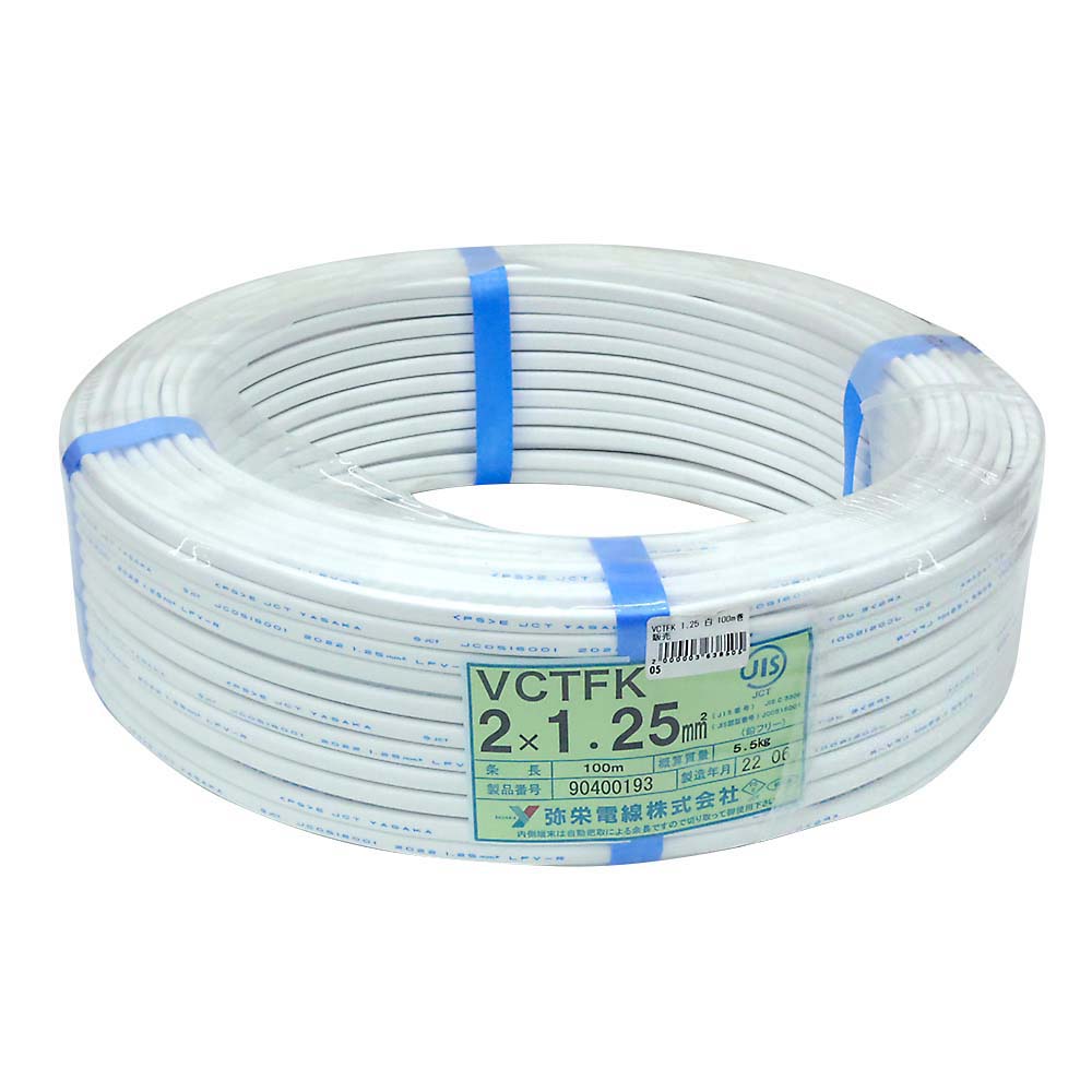 ビニール長円形ケーブル VCTFK 白 100m　2X1.25SQ